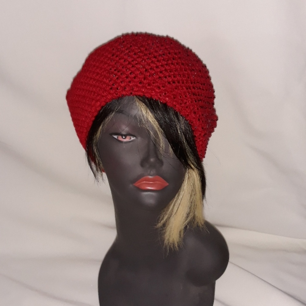 Red Rhistone pom pom hat